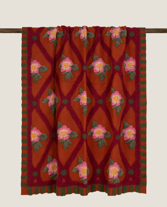 Rose Flower Terracotta – Plaid in Lana Cotta Merinos Woolmark